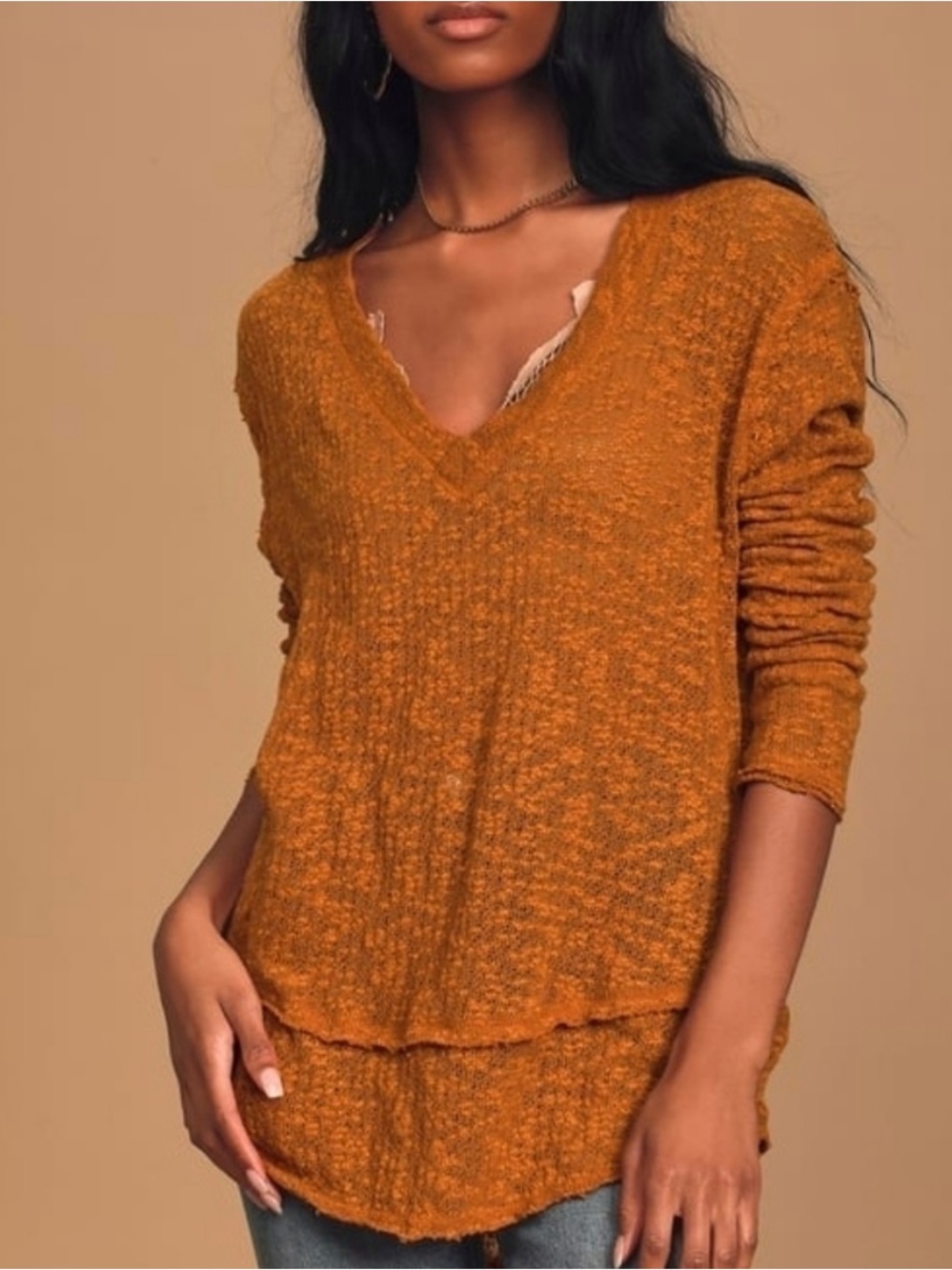 Free People Ocean Air Hacci Copper / Rust 100% Cotton L/S Oversized Tunic Boho
